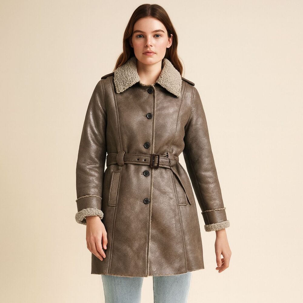 Y2K Faux Suede Sherpa Lined Coat Women L Longline Penny Lane 90s Trench Hippie